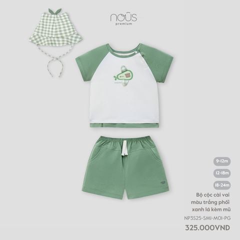  Bộ cộc cài vai màu trắng phối xanh lá kèm mũ 