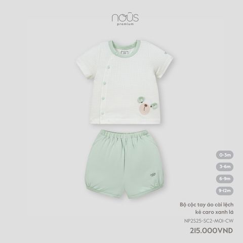  Bộ cộc tay áo cài lệch kẻ caro xanh lá 