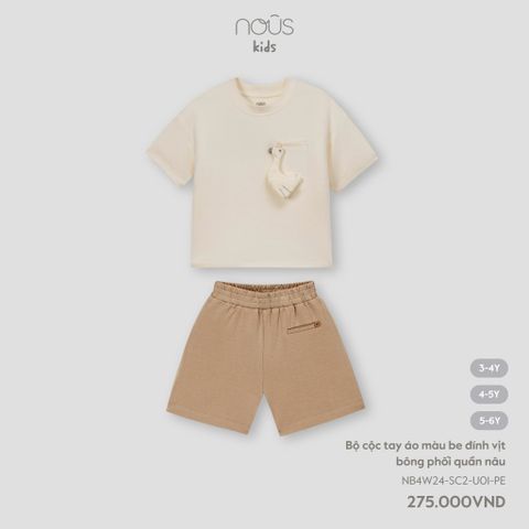  Bộ cộc tay áo màu be đính vịt bông phối quần nâu 