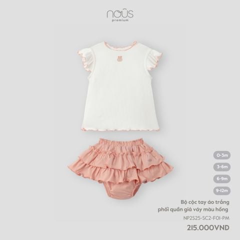  Bộ cộc tay áo trắng phối quần giả váy màu hồng 