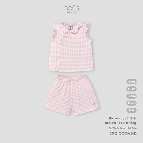  Bộ cộc tay cài lệch đính nơ kẻ caro hồng 