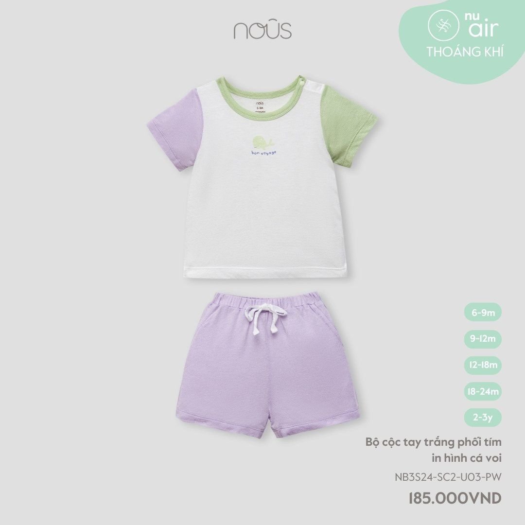  Bộ cộc tay trắng phối tím in hình cá voi 