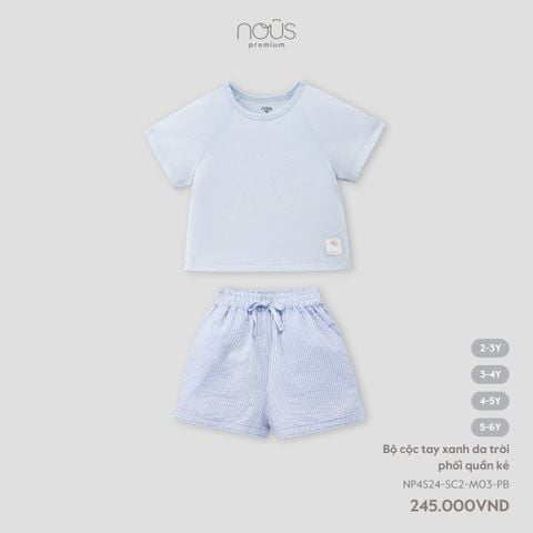  Bộ cộc tay xanh da trời phối quần kẻ 