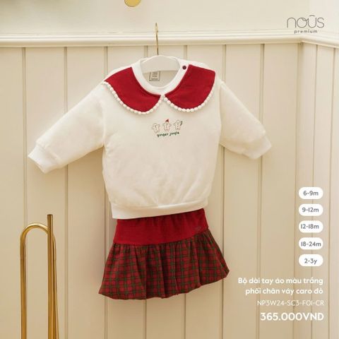  Bộ dài tay áo màu trắng phối chân váy caro đỏ 
