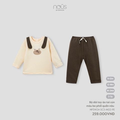  Bộ dài tay áo tai cún màu be phối quần nâu 