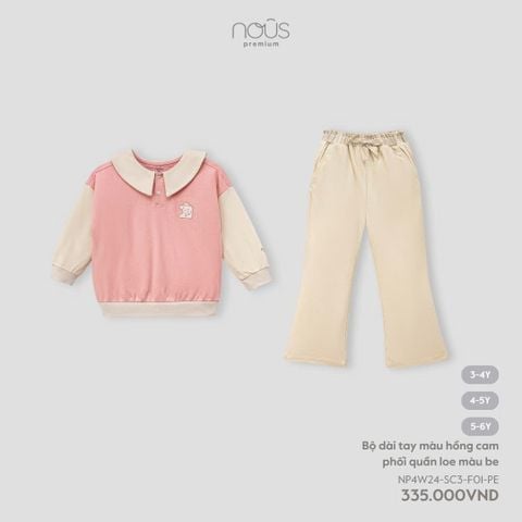  Bộ dài tay màu hồng cam phối quần loe màu be 