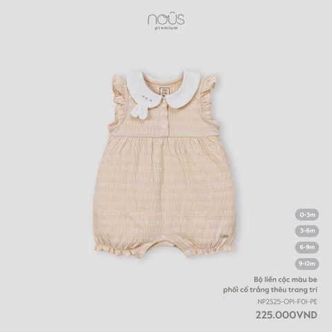  Bộ liền cộc màu be phối cổ trắng thêu trang trí 