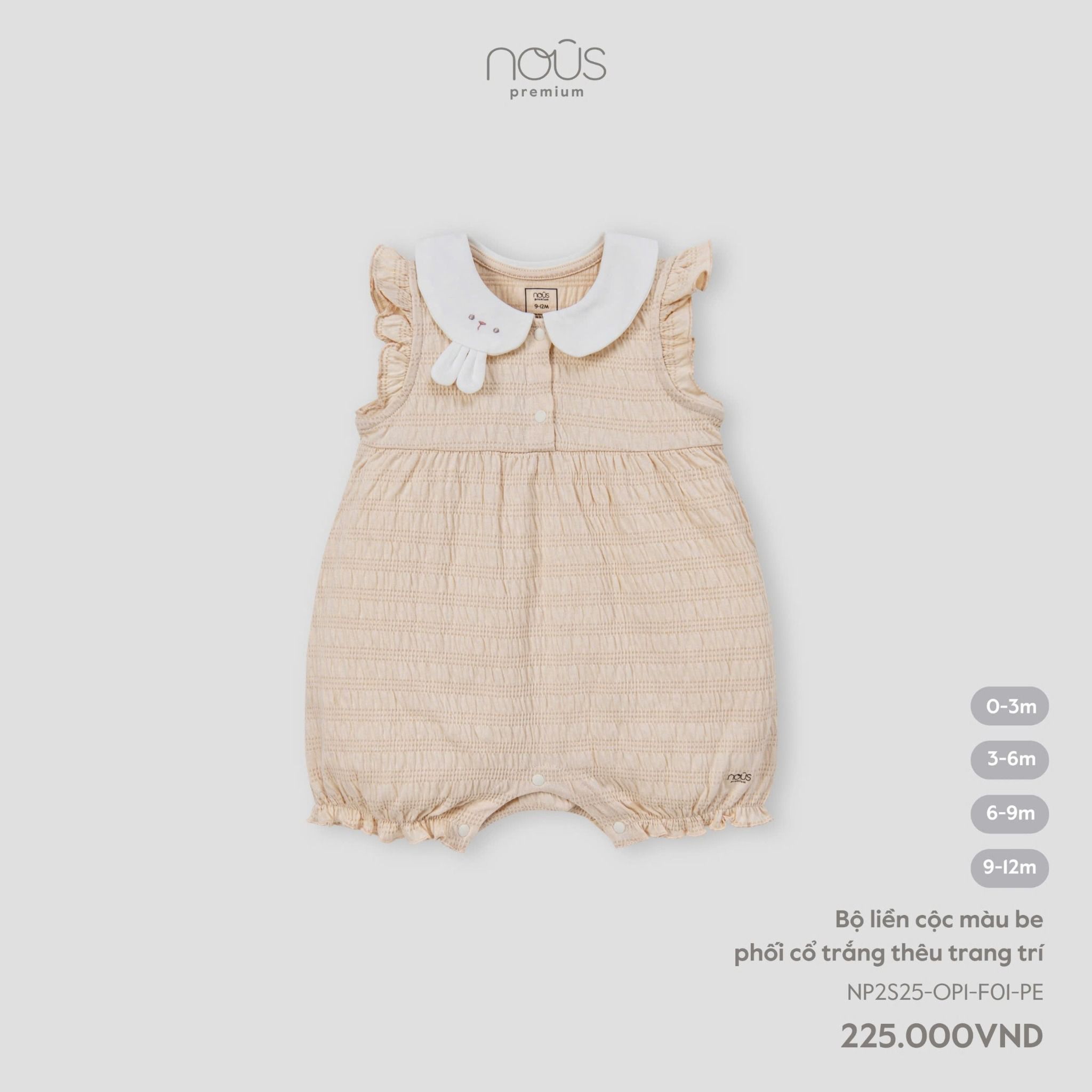  Bộ liền cộc màu be phối cổ trắng thêu trang trí 