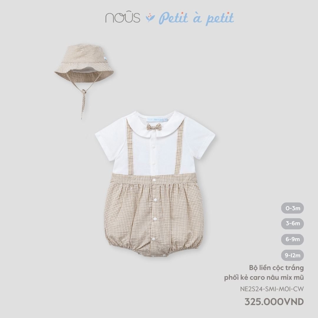  Bộ liền cộc trắng phối kẻ caro nâu mix mũ 