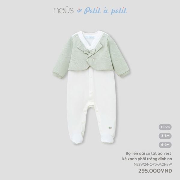  Bộ liền dài có tất áo vest kẻ xanh phối trắng đính nơ 