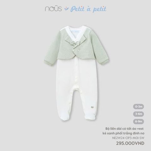  Bộ liền dài có tất áo vest kẻ xanh phối trắng đính nơ 