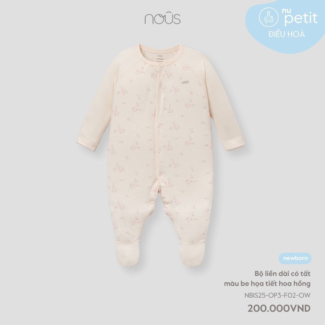  Bộ liền dài có tất màu be họa tiết hoa hồng NB 