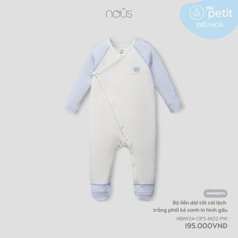  Bộ liền dài tất cài lệch trắng phối kẻ xanh in hình gấu 