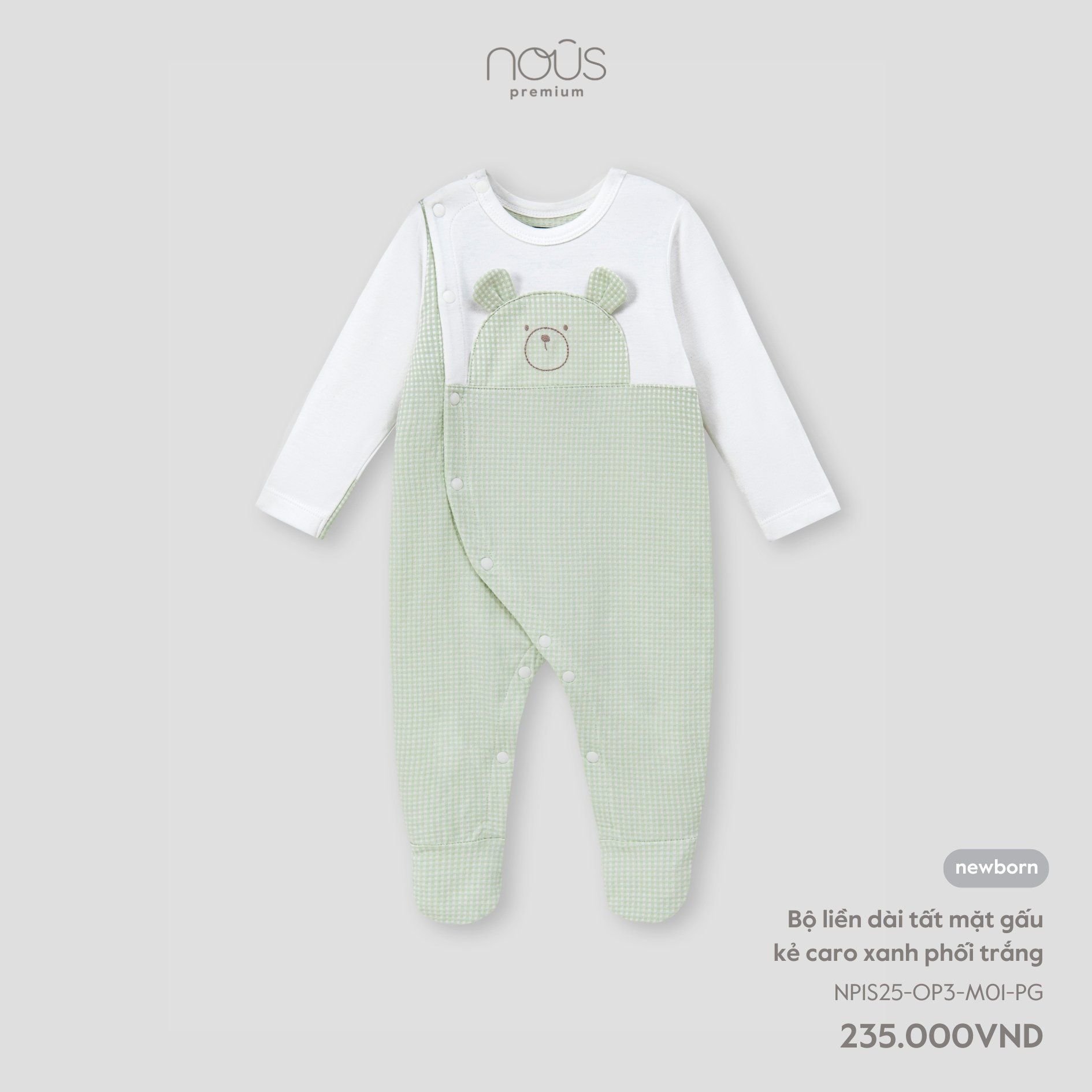  Bộ liền dài tất mặt gấu kẻ caro xanh phối trắng NB 
