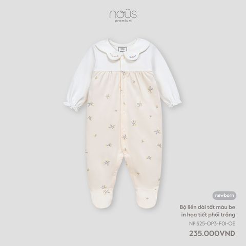  Bộ liền dài tất màu be in họa tiết PHỐI TRẮNG NB S25 