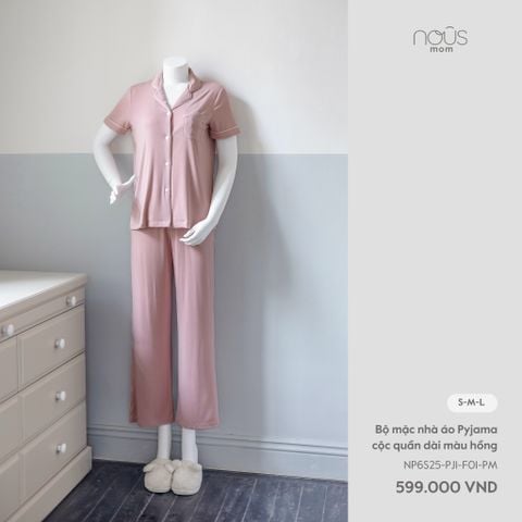  Bộ mặc nhà áo pyjama cộc quần dài màu hồng 