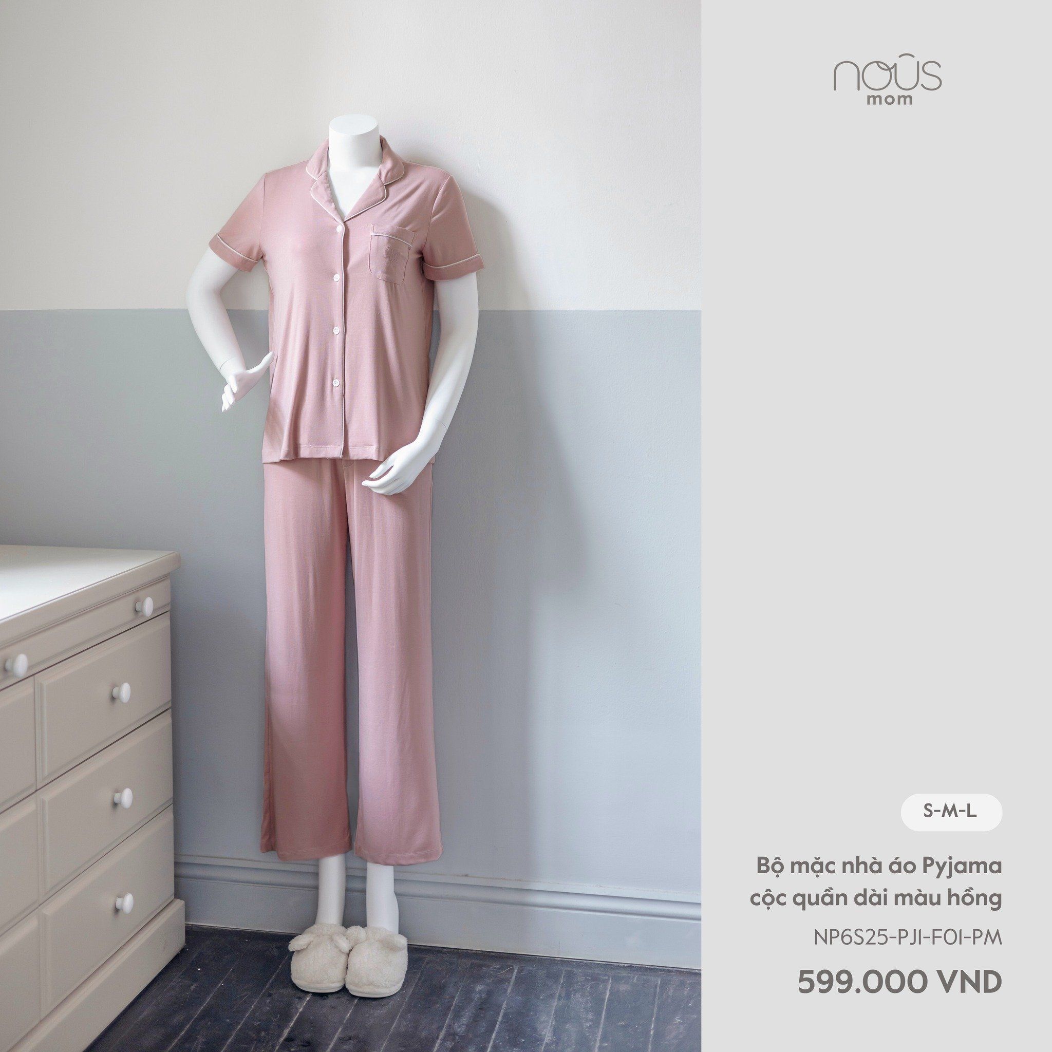  Bộ mặc nhà áo pyjama cộc quần dài màu hồng 