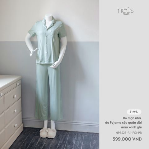  Bộ mặc nhà áo pyjama cộc quần dài màu xanh ghi 