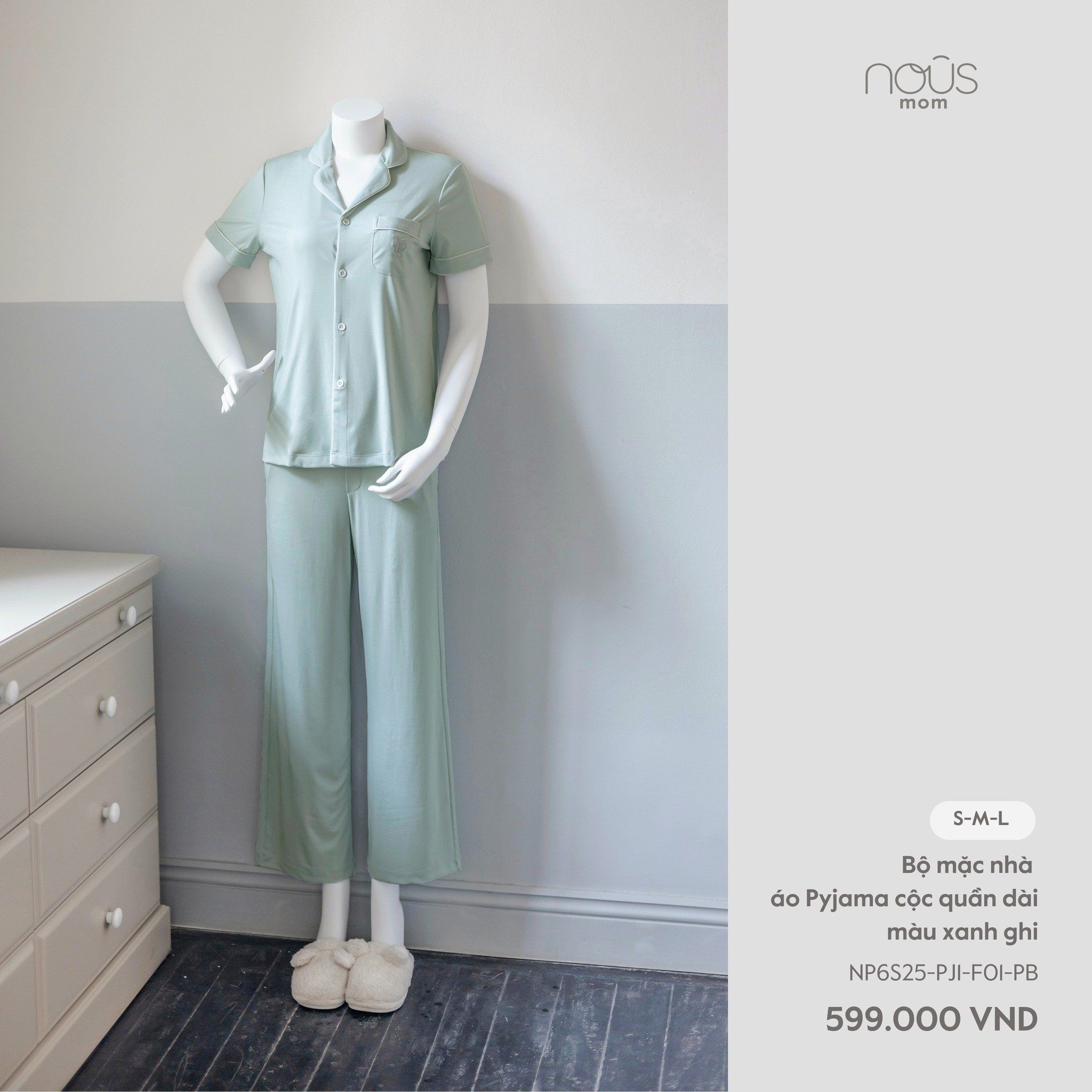  Bộ mặc nhà áo pyjama cộc quần dài màu xanh ghi 