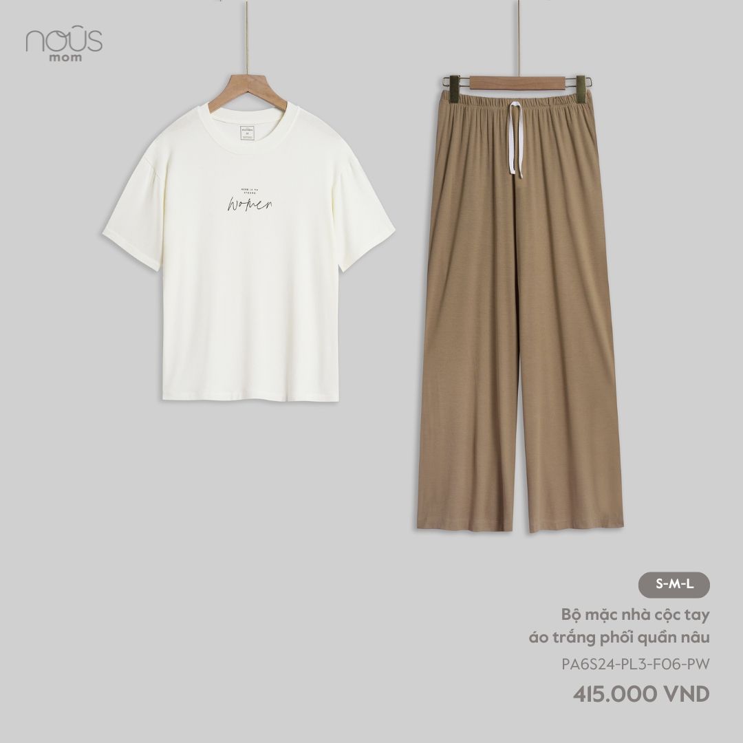  Bộ mặc nhà cộc tay áo trắng phối quần nâu 