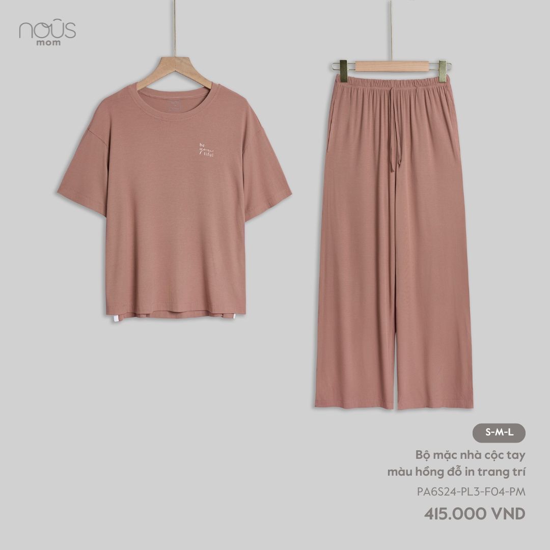  Bộ mặc nhà cộc tay màu hồng đỗ in trang trí 