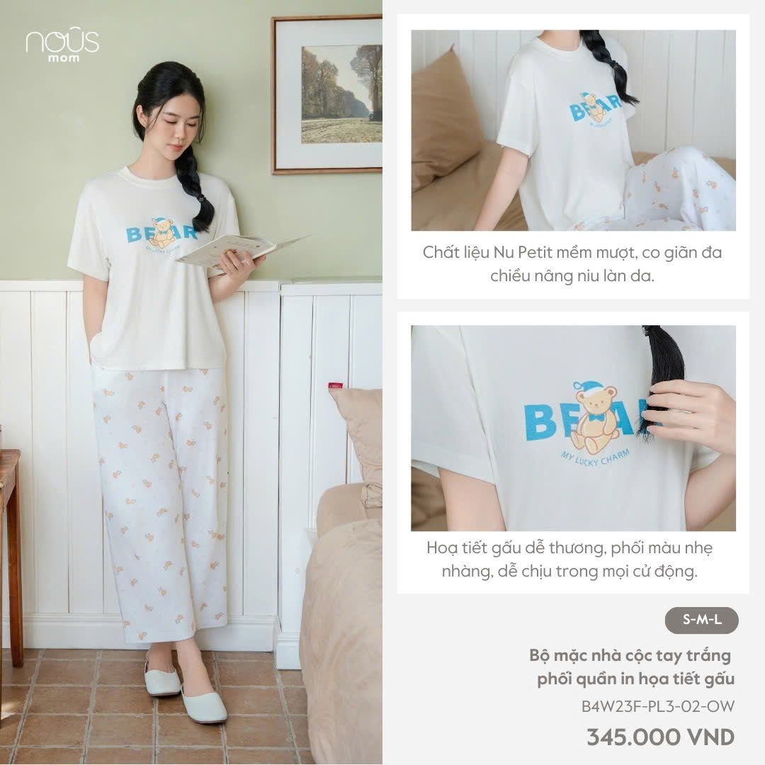  Bộ mặc nhà cộc tay trắng phối quần in họa tiết gấu 