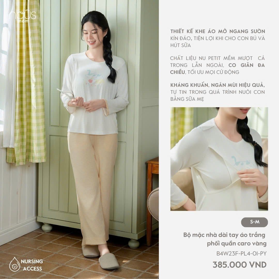  Bộ mặc nhà dài tay áo trắng phối quần caro vàng 