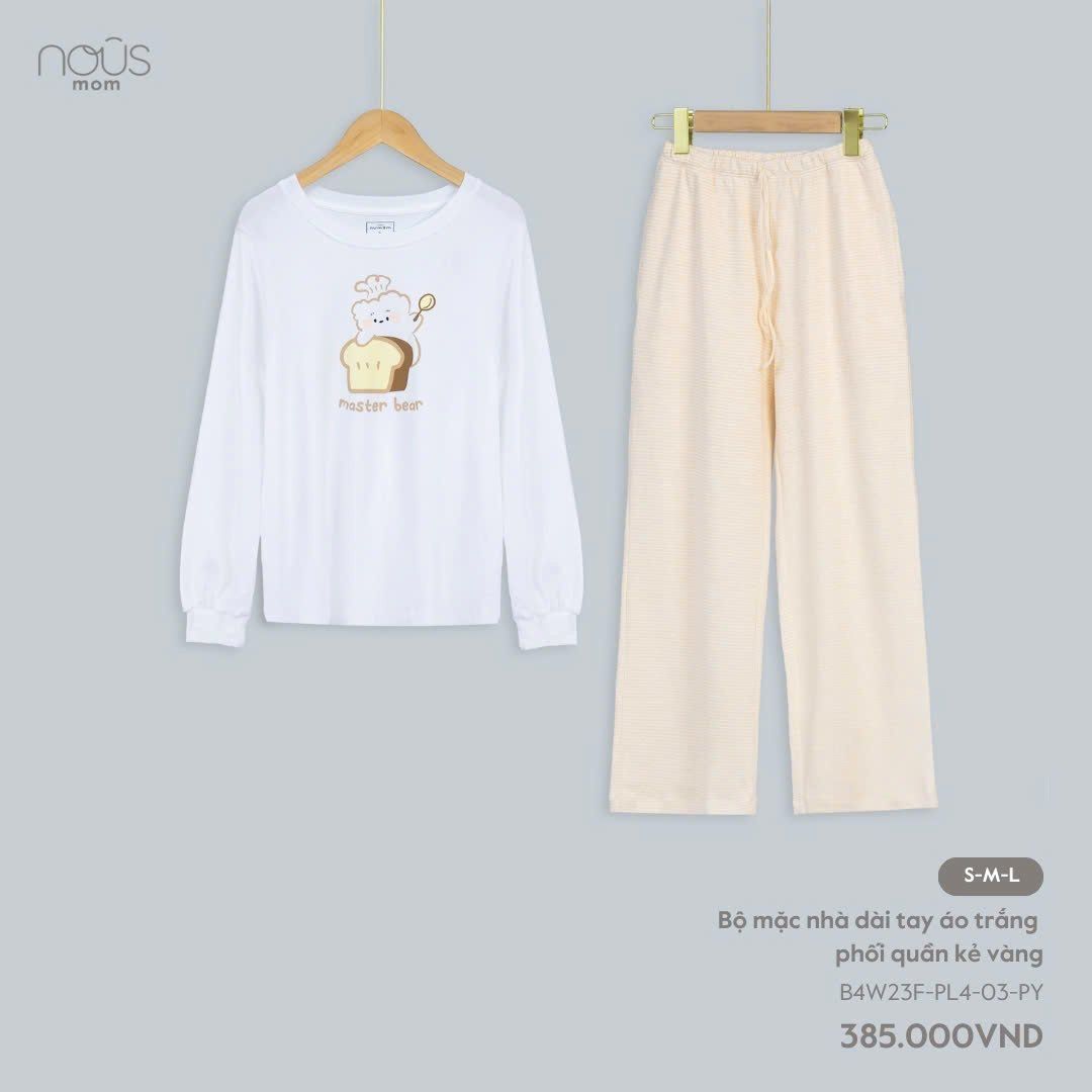  Bộ mặc nhà dài tay áo trắng phối quần kẻ vàng 