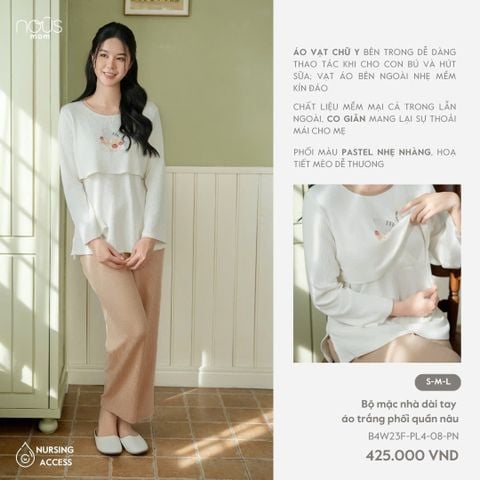  Bộ mặc nhà dài tay áo trắng phối quần nâu 