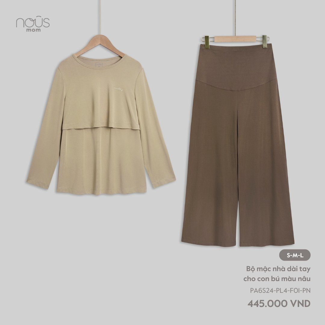  Bộ mặc nhà dài tay cho con bú màu nâu 