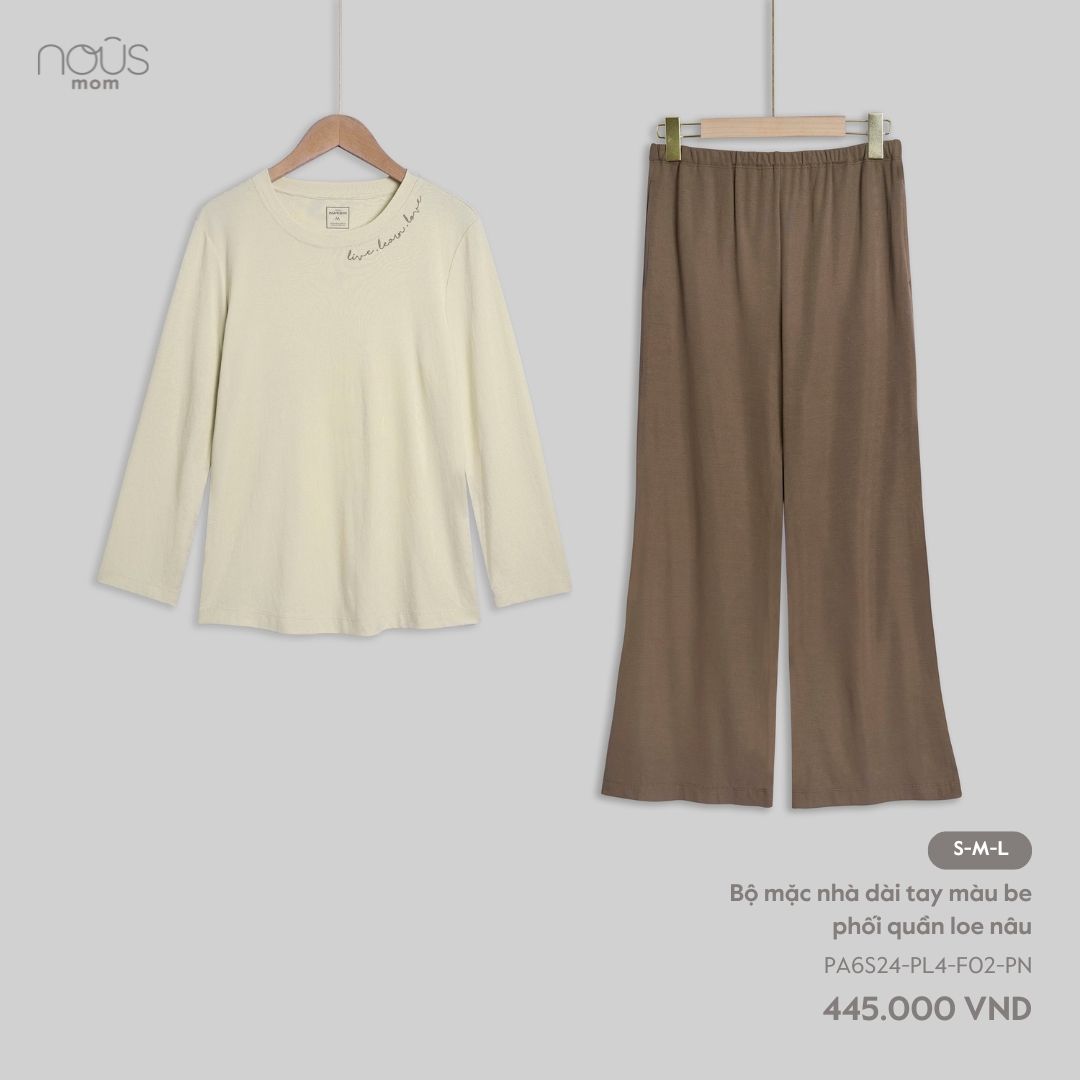  Bộ mặc nhà dài tay màu be phối quần loe nâu 
