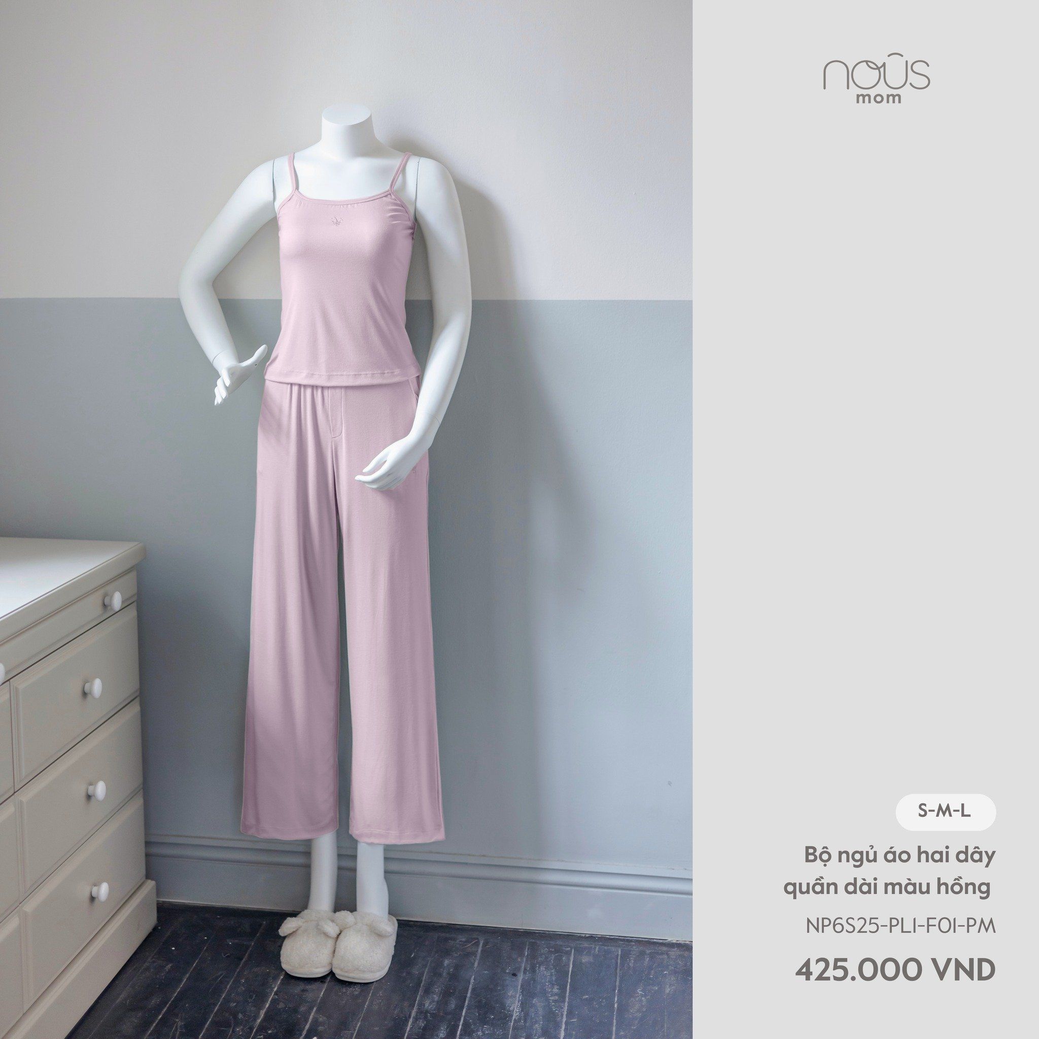  Bộ ngủ áo hai dây quần dài màu hồng 