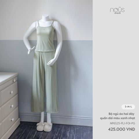  Bộ ngủ áo hai dây quần dài màu xanh nhạt 