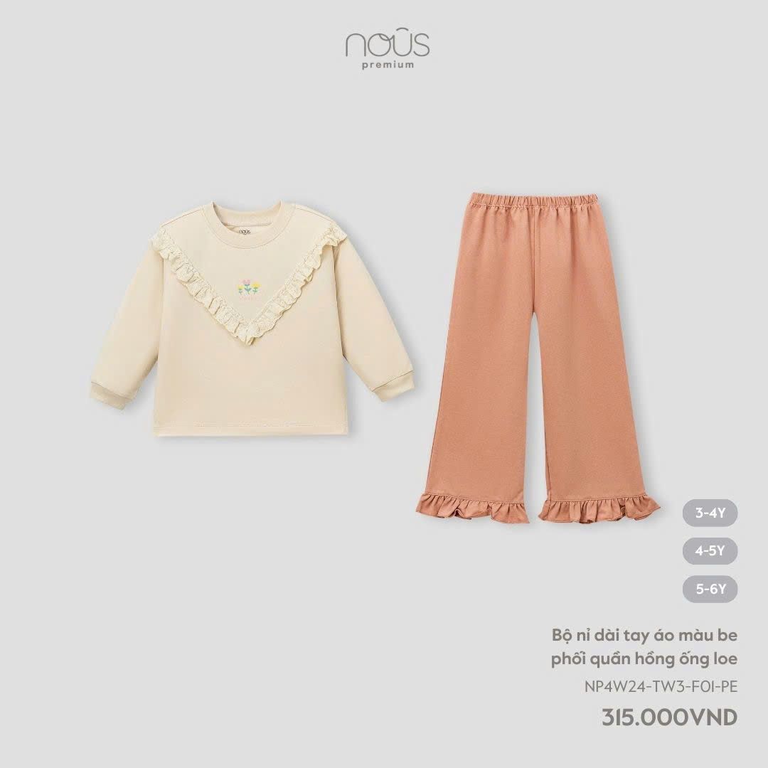  Bộ nỉ dài tay áo màu be phối quần hồng ống loe 