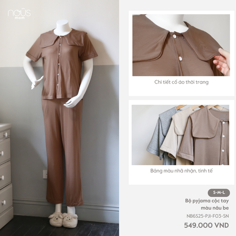  Bộ pyjama cộc tay màu nâu be 