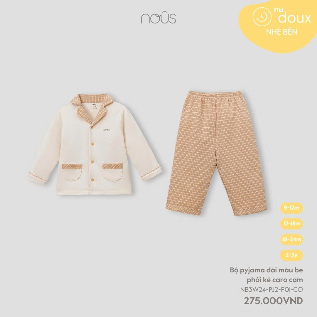  Bộ pijama dài màu be phối kẻ caro cam 