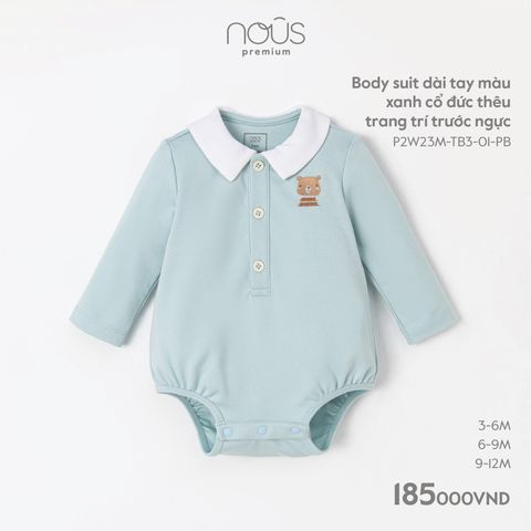  Body suit dài tay màu xanh cổ đức thêu trang trí trước ngực 