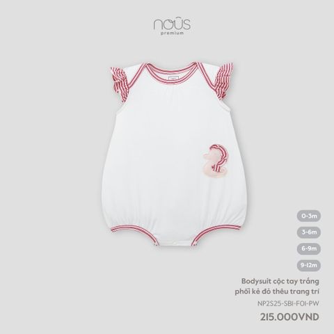  Bodysuit cộc tay trắng phối kẻ đỏ thêu trang trí 