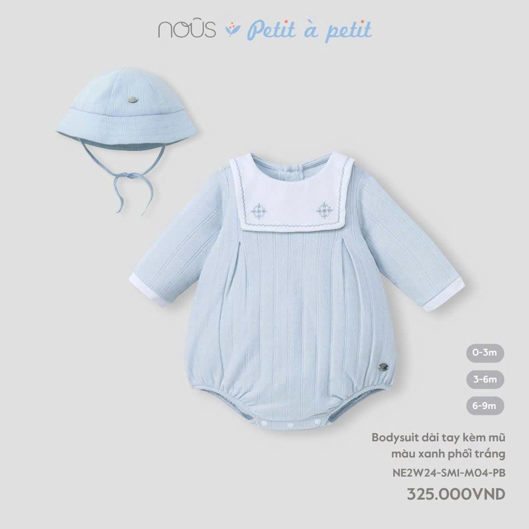  Bodysuit dài tay kèm mũ màu xanh phối trắng 