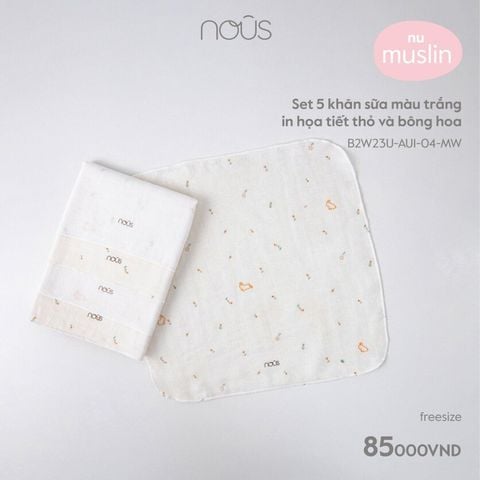  Set 5 khăn sữa màu trắng in họa tiết thỏ và bông hoa 