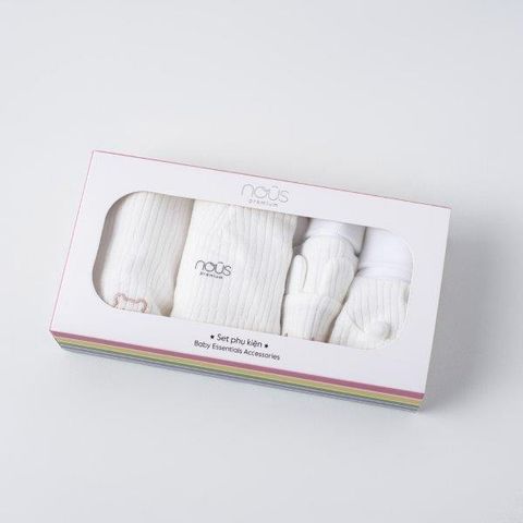  Set PK 4 món màu trắng đính cục bông và thêu trang trí 