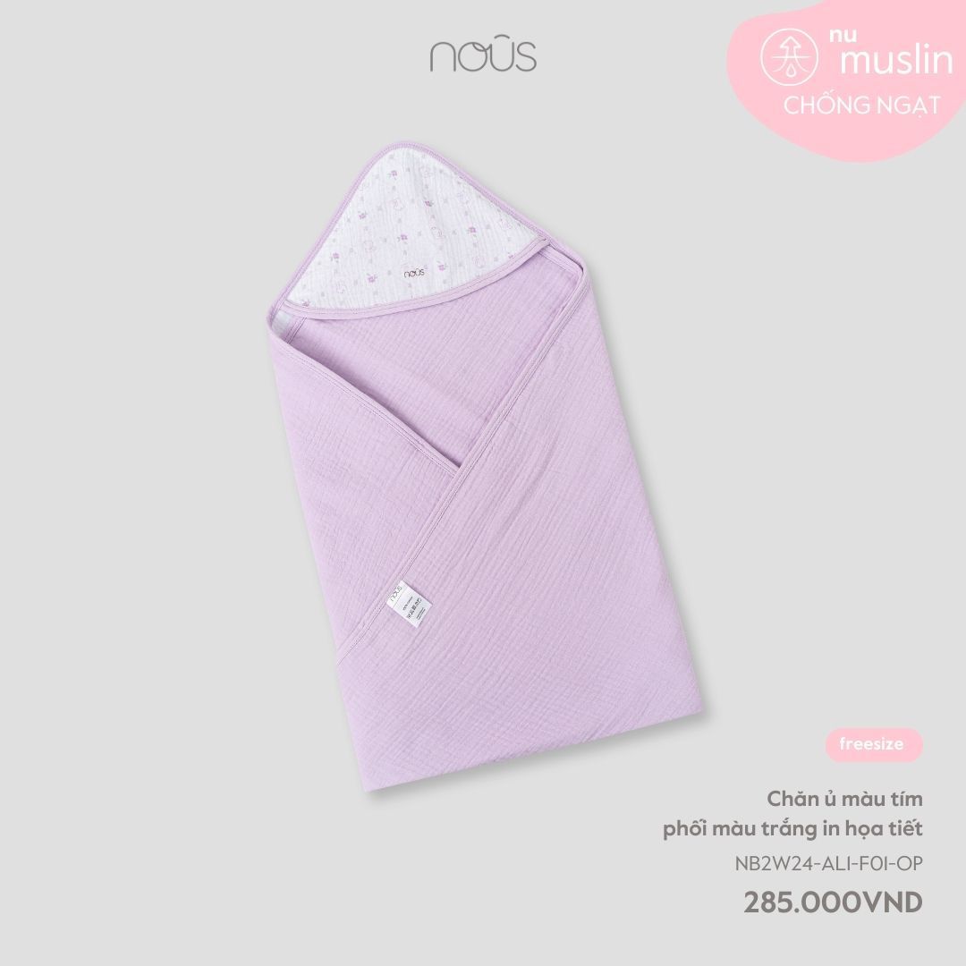  Chăn ủ màu tím phối màu trắng in họa tiết 