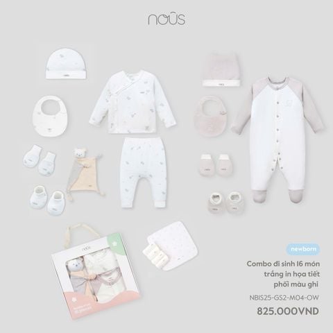  Combo đi sinh 16 món trắng in họa tiết phối màu ghi NB 