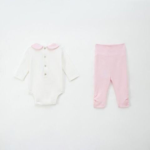  Set bodysuit dài trắng phối hồng nhạt 