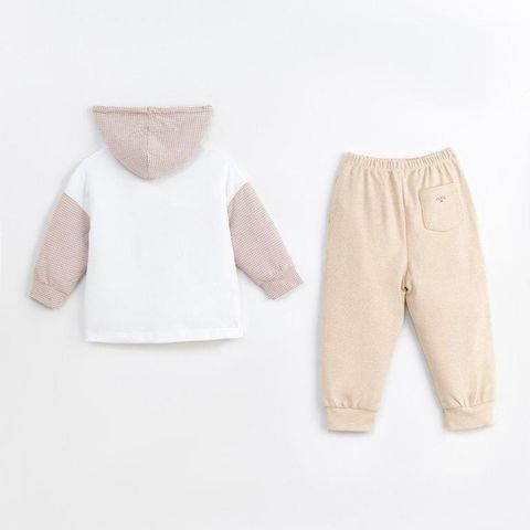  Bộ dài hoodies áo in hình gấu phối quần màu nâu 