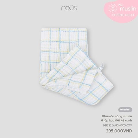  Khăn đa năng muslin 6 lớp họa tiết kẻ xanh 