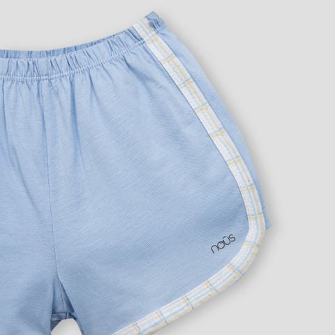  Bộ ba lỗ áo kẻ trắng in trang trí phối quần xanh 