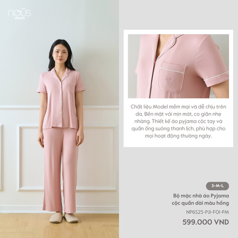  Bộ mặc nhà áo pyjama cộc quần dài màu hồng 