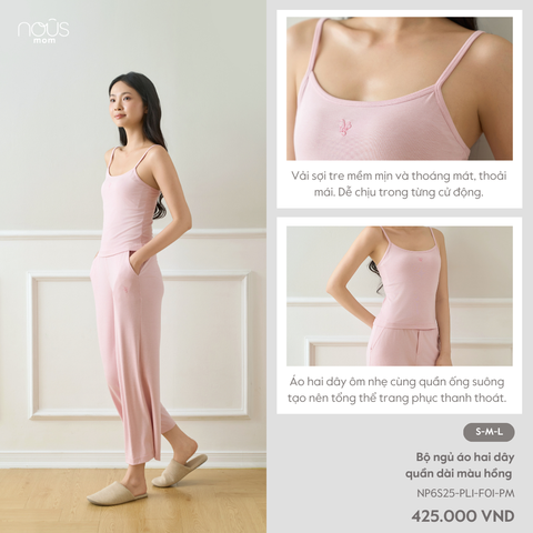  Bộ ngủ áo hai dây quần dài màu hồng 