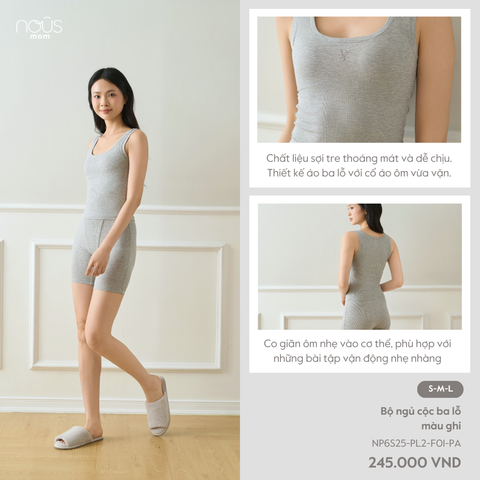  Bộ ngủ cộc ba lỗ màu ghi 